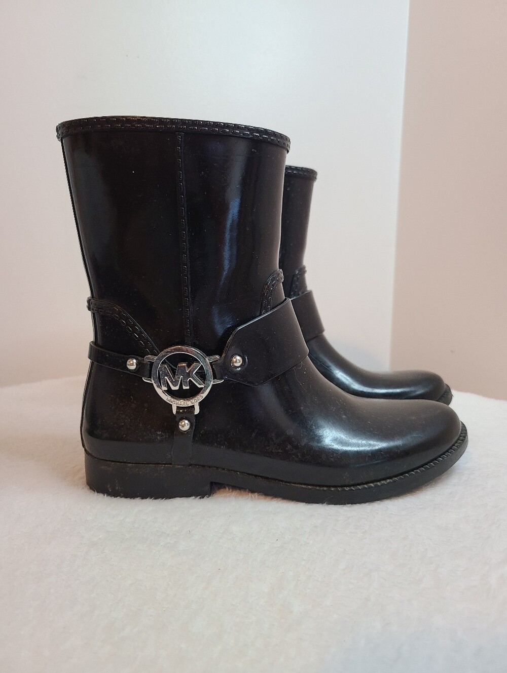Michael Kors Glossy Black Fulton Harness Rain Boots Size 7M